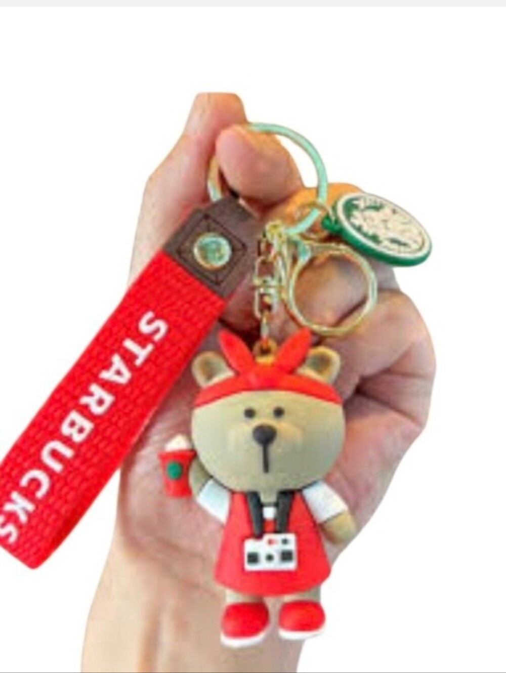 Starbucks Red Bear Keyring Charm with Green Logo Tag